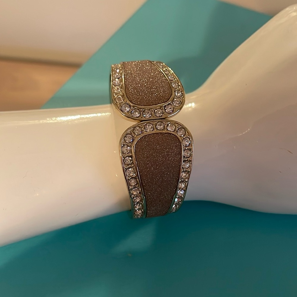 Hinge Bracelet with Taupe Glitter in middle and Clear Crystals Outlining